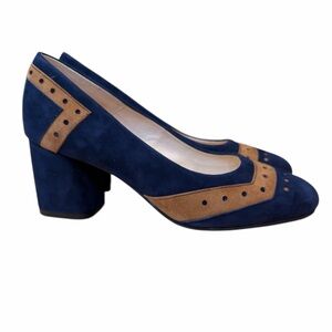 Girotti Navy Blue and Tan Leather Suede Square Heels